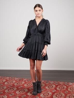 Ulla Johnson Amara Plisse Satin Dress in Noir Size 0